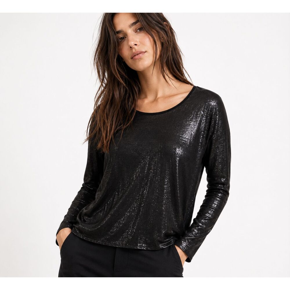 Zara Metallic Shimmer Long Sleeve Top Quiet Luxury Minimalist Chic Blouse Size M